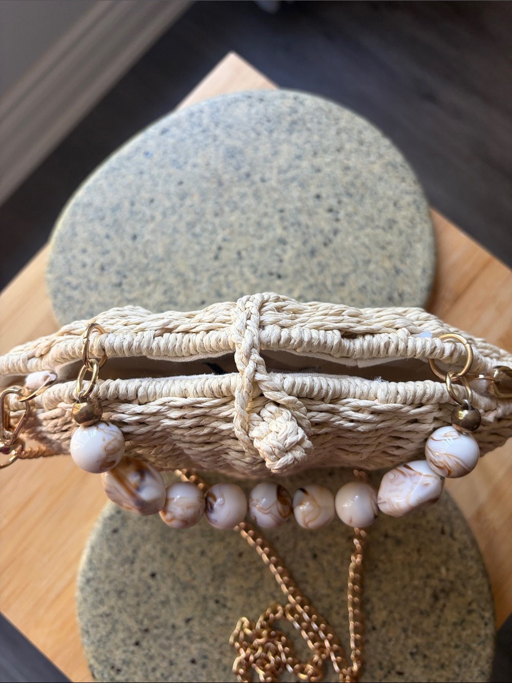 Woven Wicker Shell Crossbody Bag in Natural with Gold Chain - Picture 2 of 8